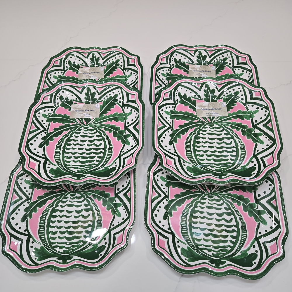 Tommy Bahama Melamine Pink And Green Pineapple Plates Tropical Set Of 6 New